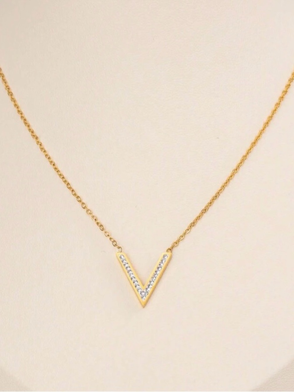 Gold V-Shaped Crystal Pendant Necklace Stainless Steel - Women Jewelry